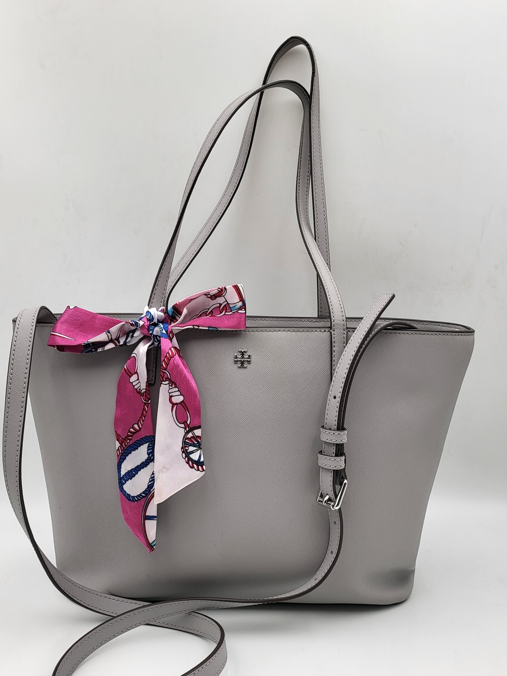 Tory Burch Light Gray Saffiano Leather MM Tote Bag...